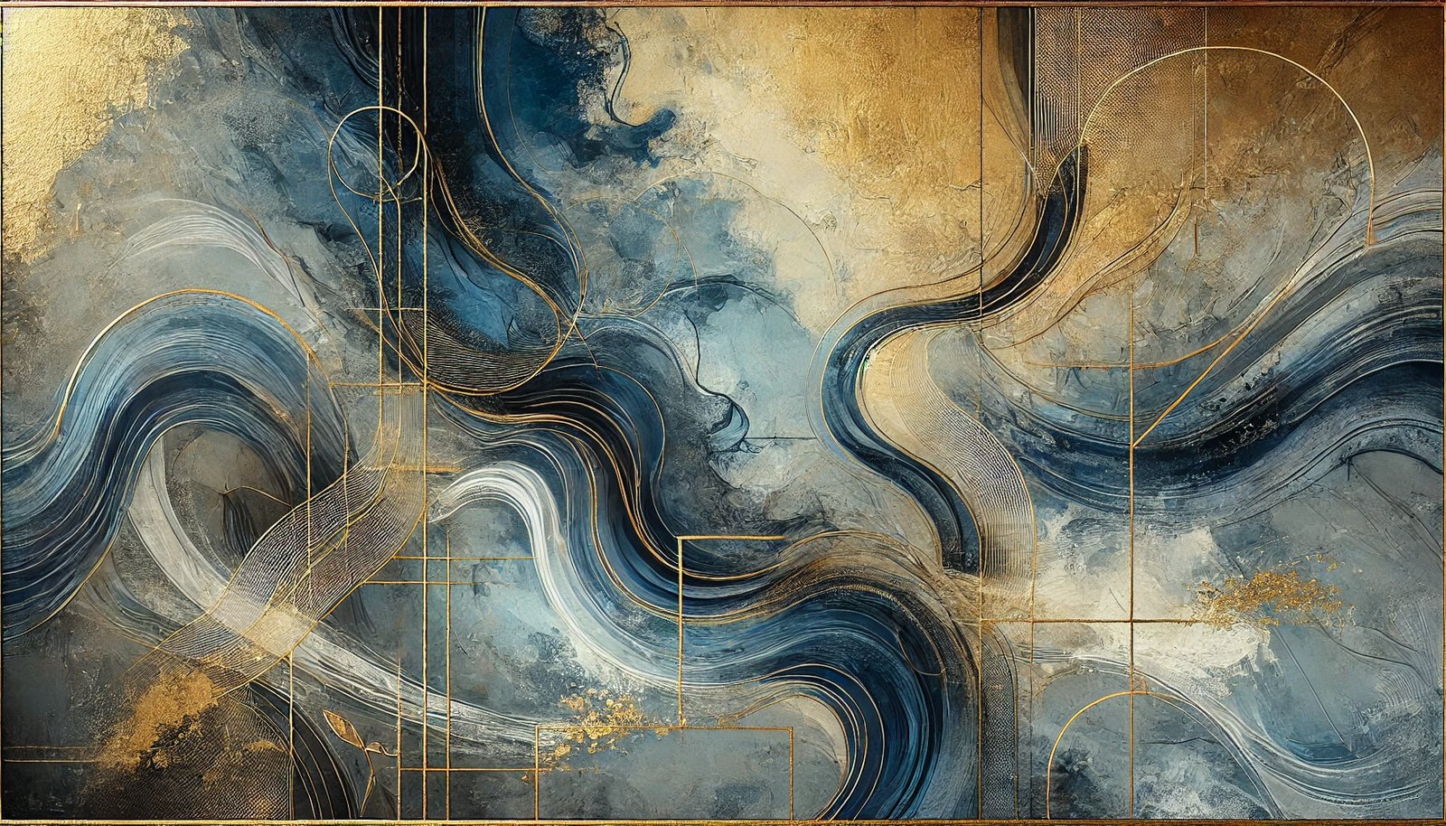 Blue Waves Crashing Gold oversized wall art on stretched canvas